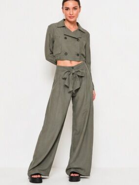 LURDES BERGADA Tie Waist Linen Blend Trousers Green Size Large